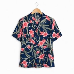 Caribbean Joe Blue Hawaiian Tropical Travel Vacation Floral Summer Sz Lg